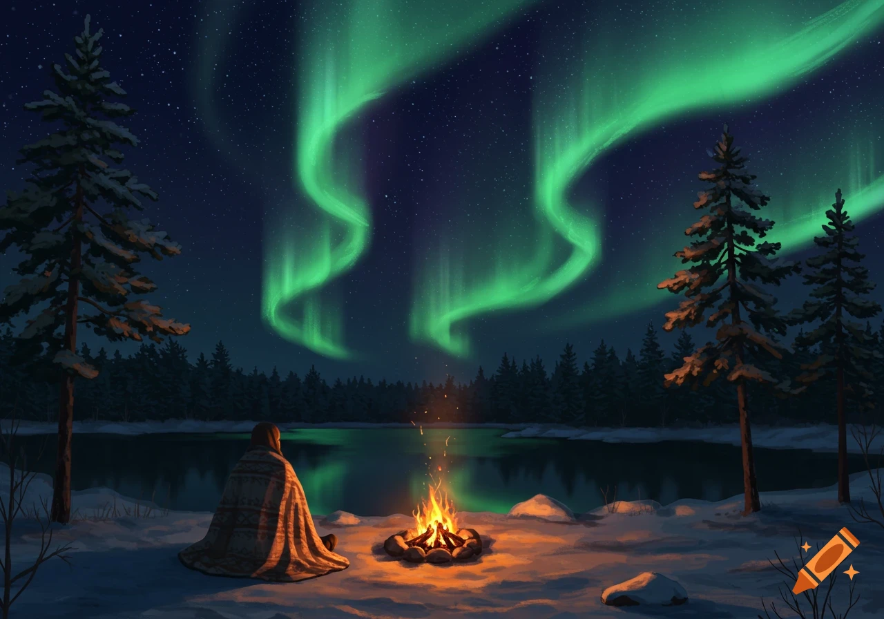 An illustration of a person by a campfire, watching the green aurora borealis over a snowy forest and lake at night.