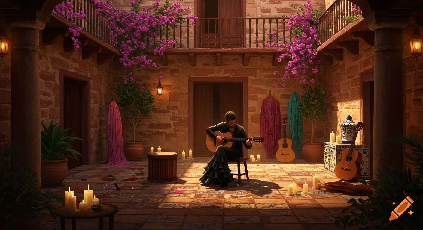 A man in black plays a flamenco guitar in a warm, candlelit Spanish courtyard with blooming bougainvillea.