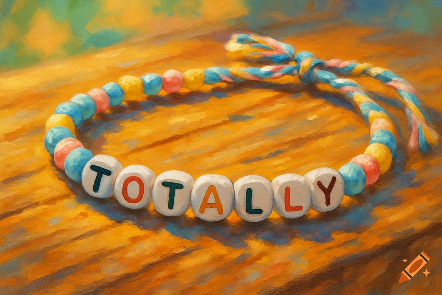 A close-up painting shows a colorful beaded friendship bracelet spelling out the word "TOTALLY" on a wooden surface.