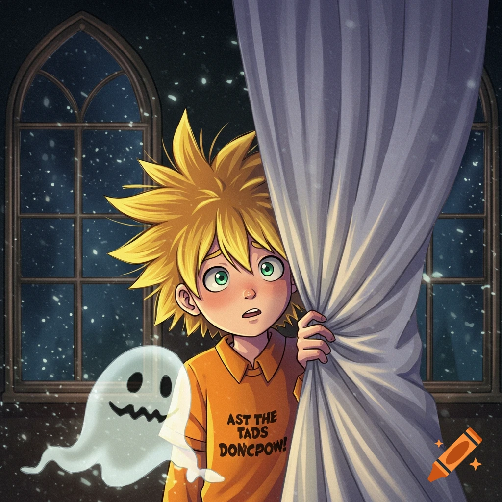 A cartoon boy with spiky yellow hair peeks around a white curtain, looking surprised. A translucent ghost floats beside him.