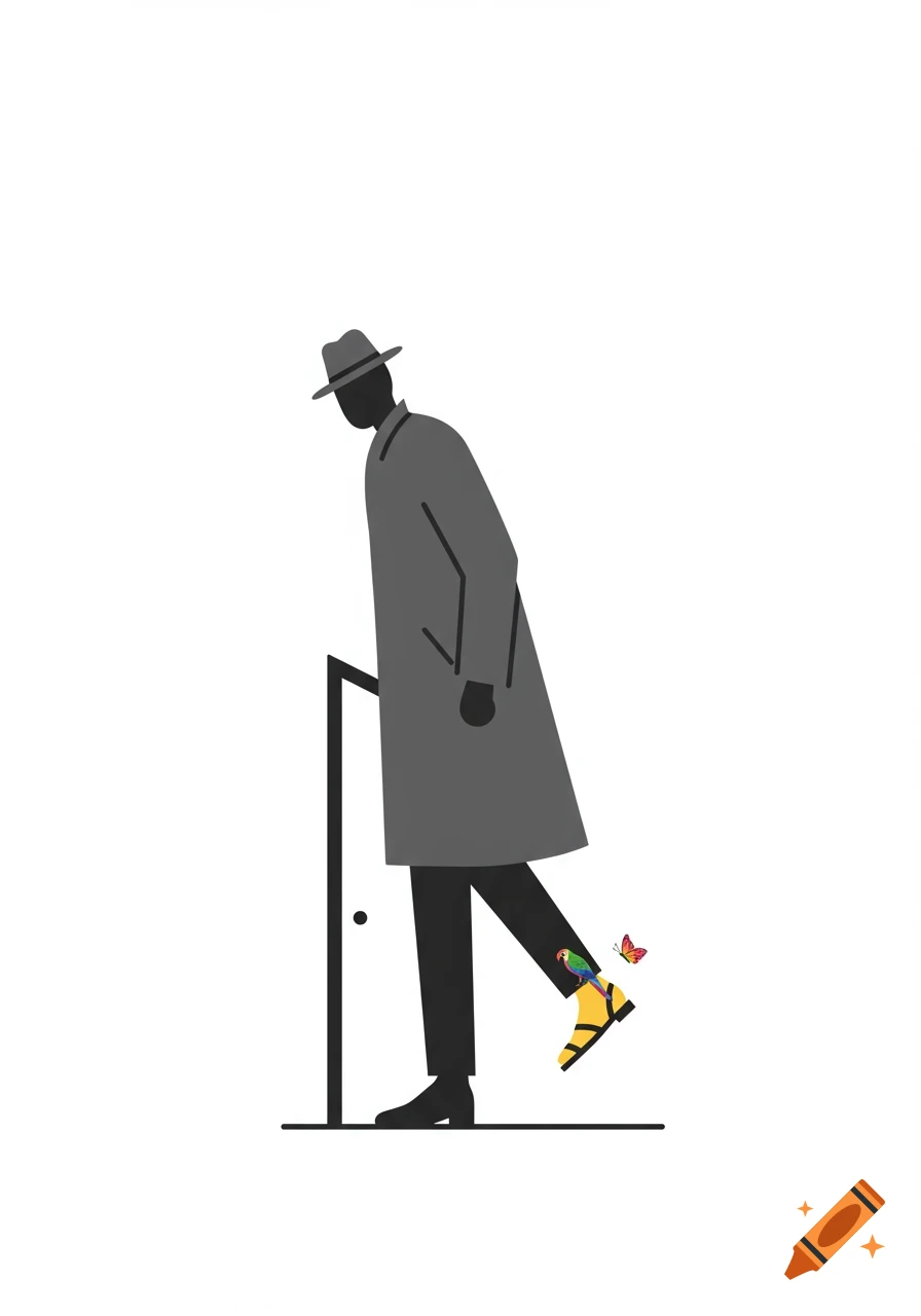 Minimalist illustration of a gray man in a trench coat stepping through a door, with a colorful bird on his yellow foot and a butterfly.