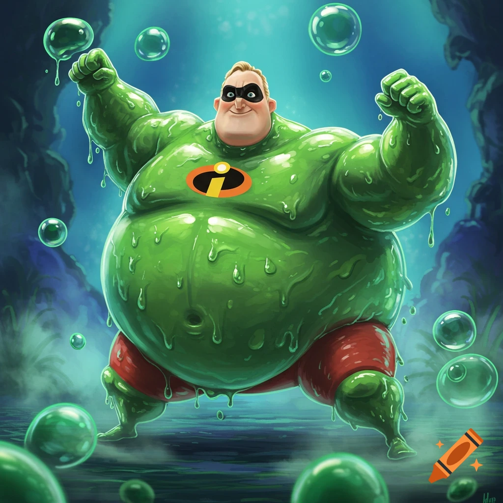 A cartoon Mr. Incredible, covered in green slime, stands flexing in a swampy area with bubbles.