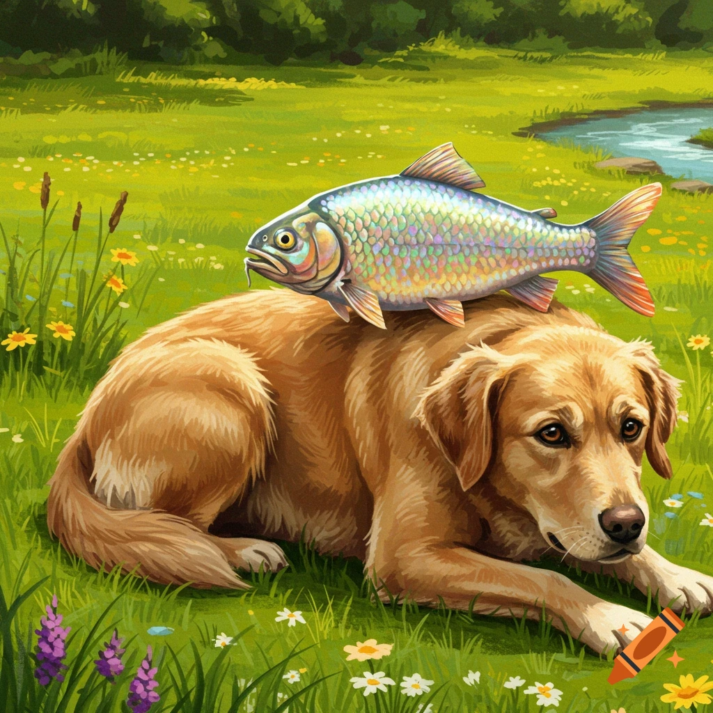 A golden retriever dog lies in a grassy meadow with a fish on its back, a stream and trees in the background, in a painterly style.