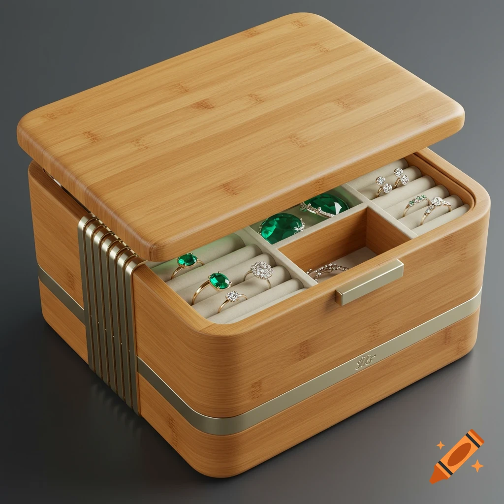 A wooden bamboo jewelry box with metal accents, partially open, revealing compartments filled with rings, including emerald and diamond pieces.