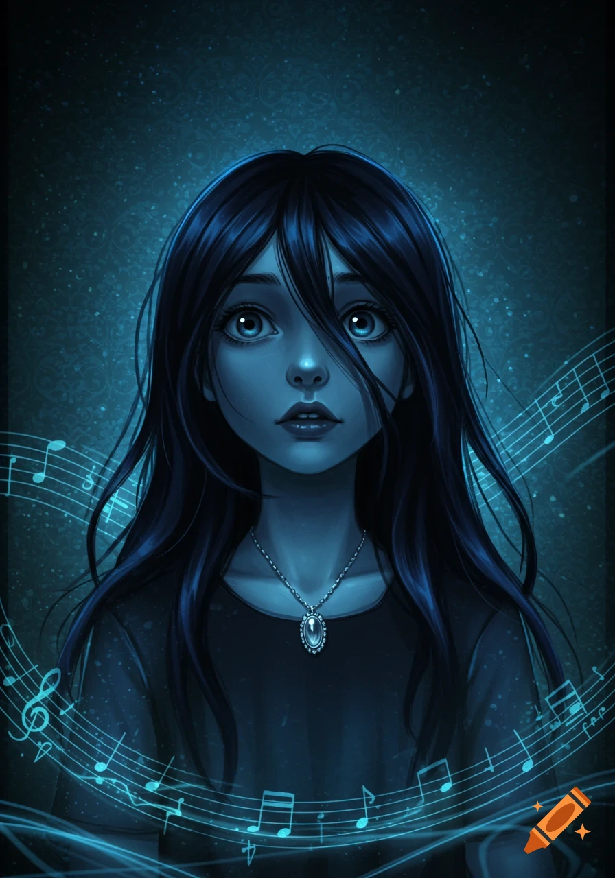 A stylized digital art portrait of a dark-haired girl with wide blue eyes, surrounded by glowing musical notes against a deep blue background.