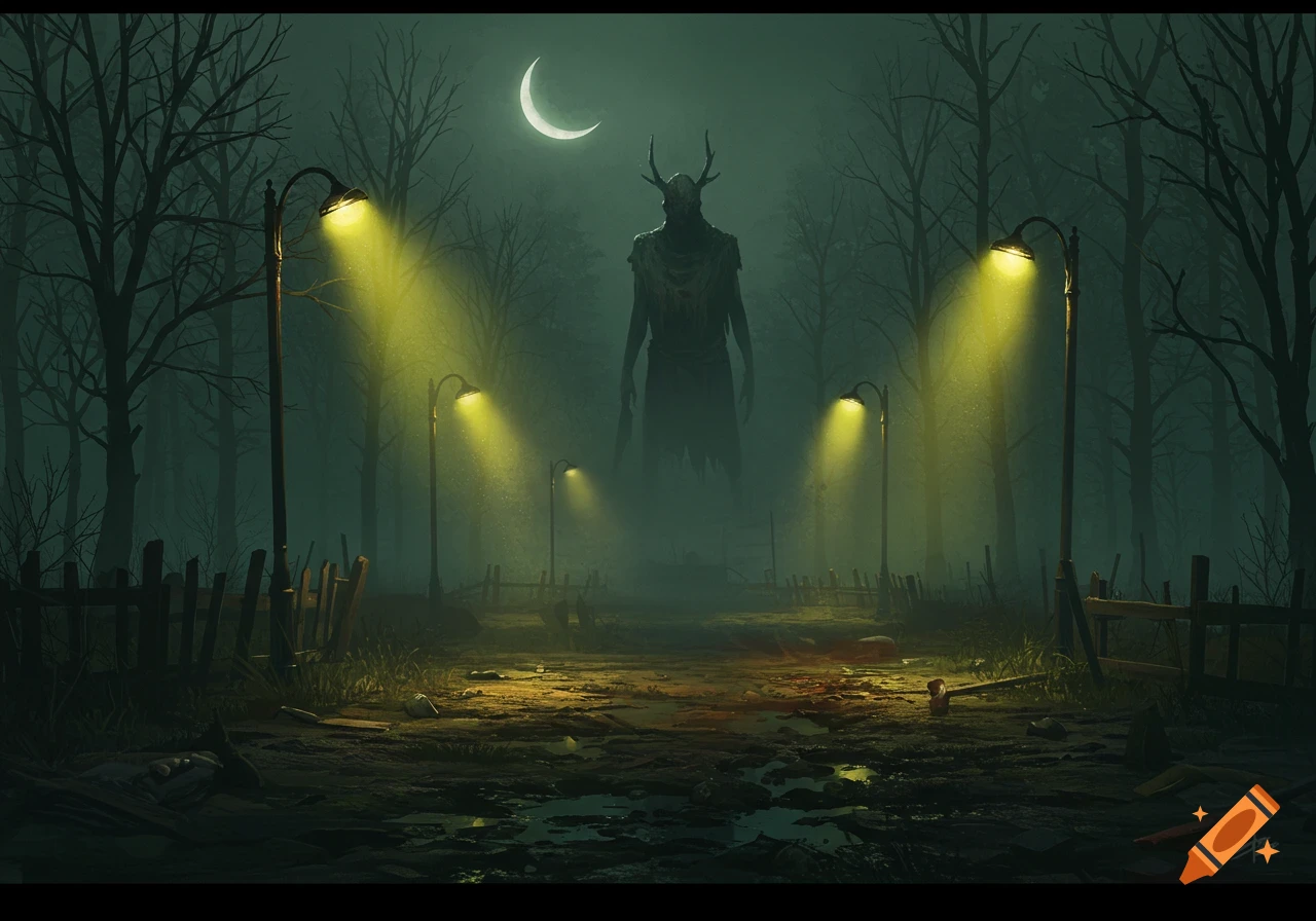 A tall, horned monster looms over a foggy, dark forest path lit by streetlights under a crescent moon, in an eerie illustration.