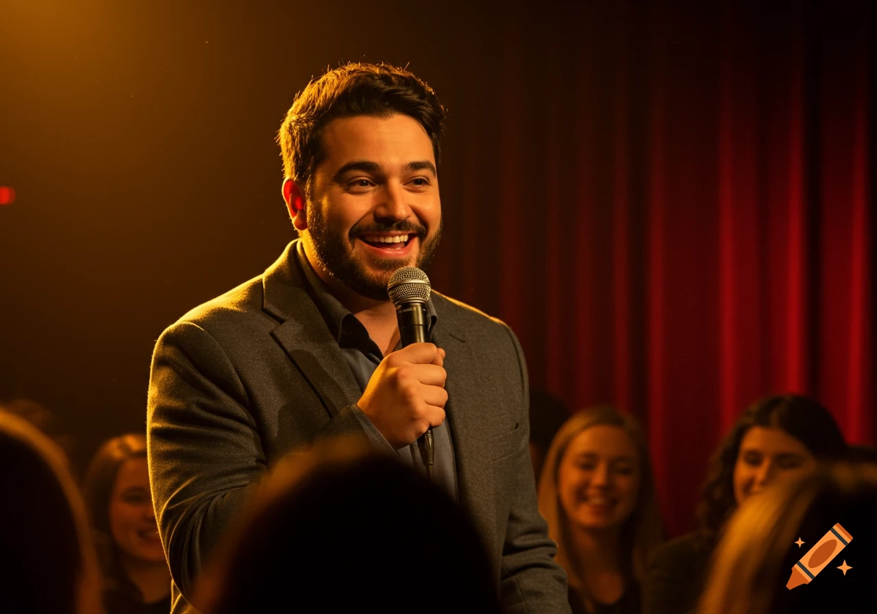 A smiling man, possibly a comedian, speaks into a microphone on a warmly lit stage with a red curtain and blurred audience.