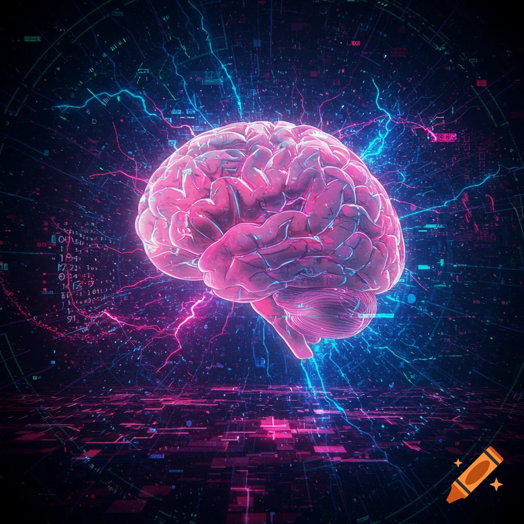 A glowing pink brain floats in a dark digital space with blue and pink neon lightning and circuit board patterns.