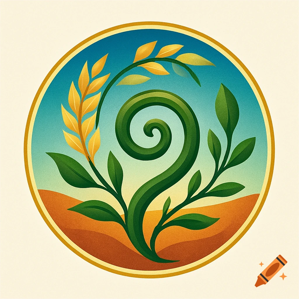 A circular logo featuring a stylized green plant with a central spiral, golden wheat, blue sky, and brown earth.