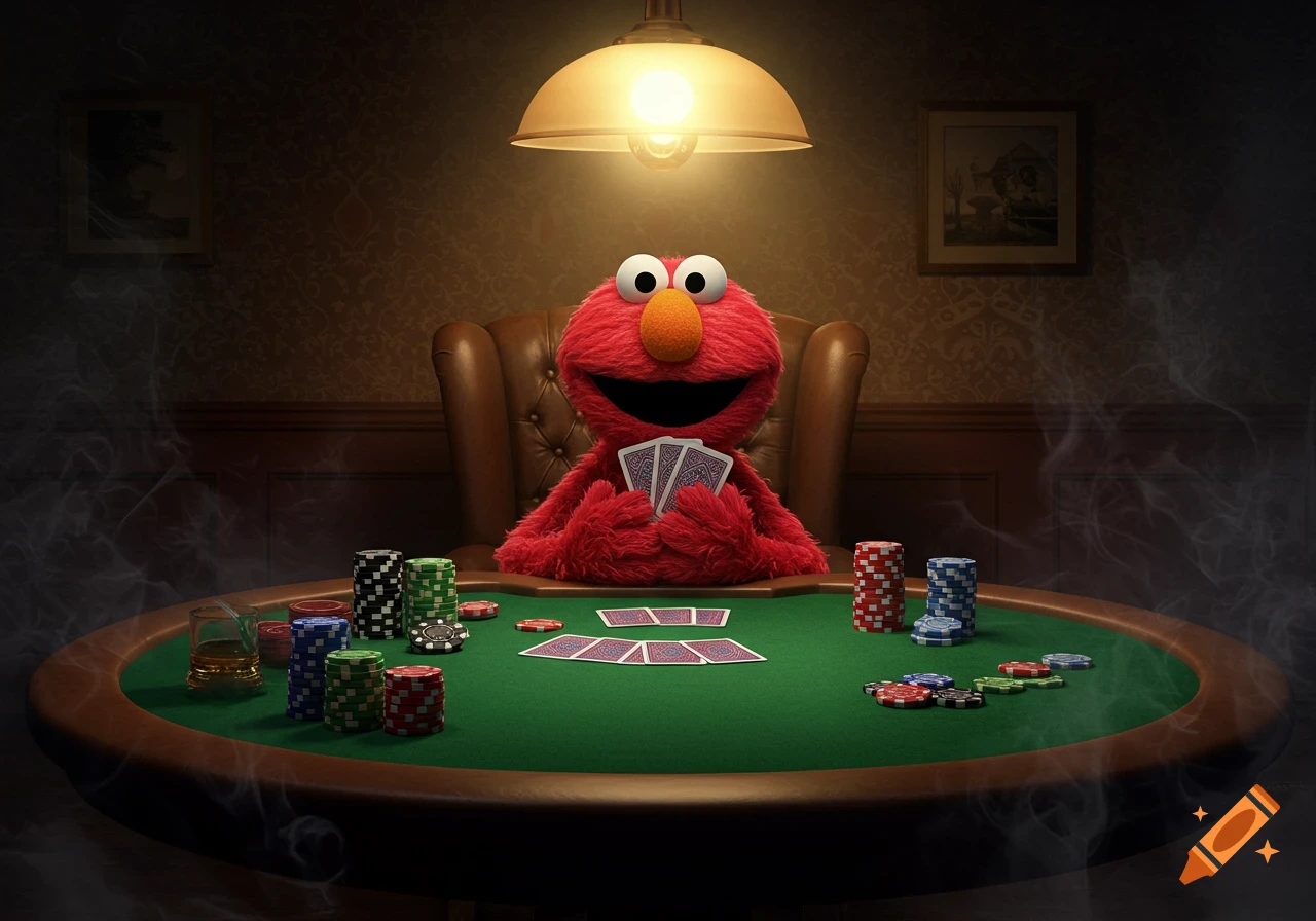 Photorealistic image of Elmo sitting at a poker table, holding cards, in a dimly lit room with smoke.