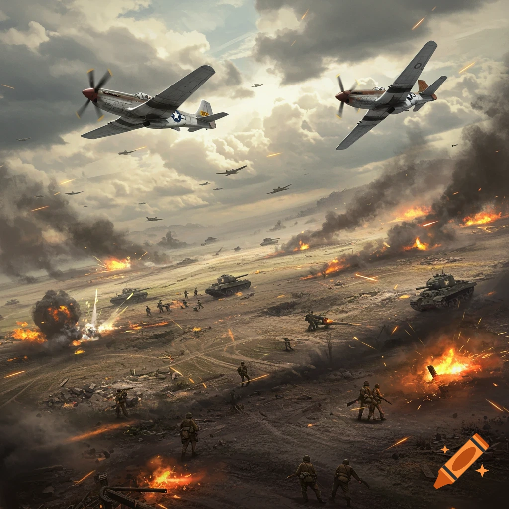 World War II battlefield with fighter planes flying over tanks and soldiers engaged in combat amidst explosions and smoke.