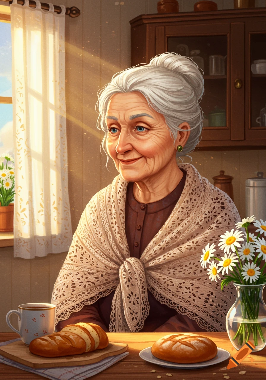 Detailed illustration of a smiling elderly woman with white hair and a lace shawl, sitting in a sunlit kitchen with bread and daisies.