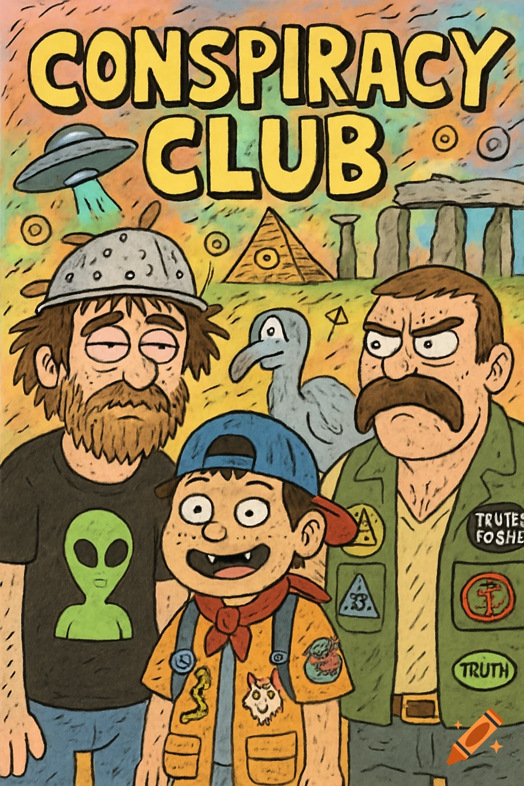 A messy hand-drawn cartoon poster titled 'Conspiracy Club,' featuring three characters and a dodo bird in front of a UFO, pyramid, and Stonehenge.