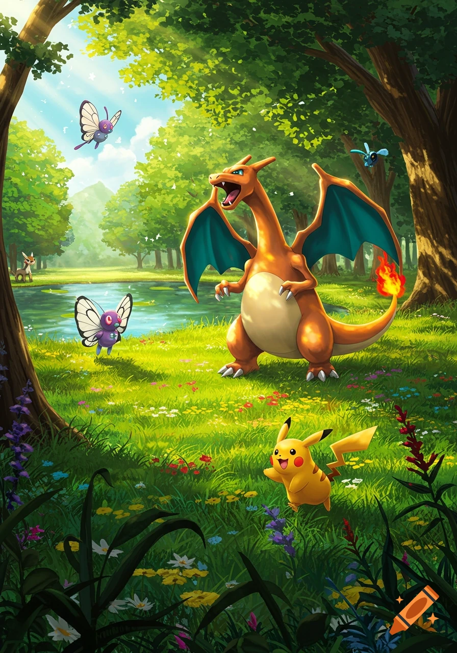 Vibrant illustration of Charizard and Pikachu in a lush forest meadow with a pond, surrounded by other Pokémon and trees.