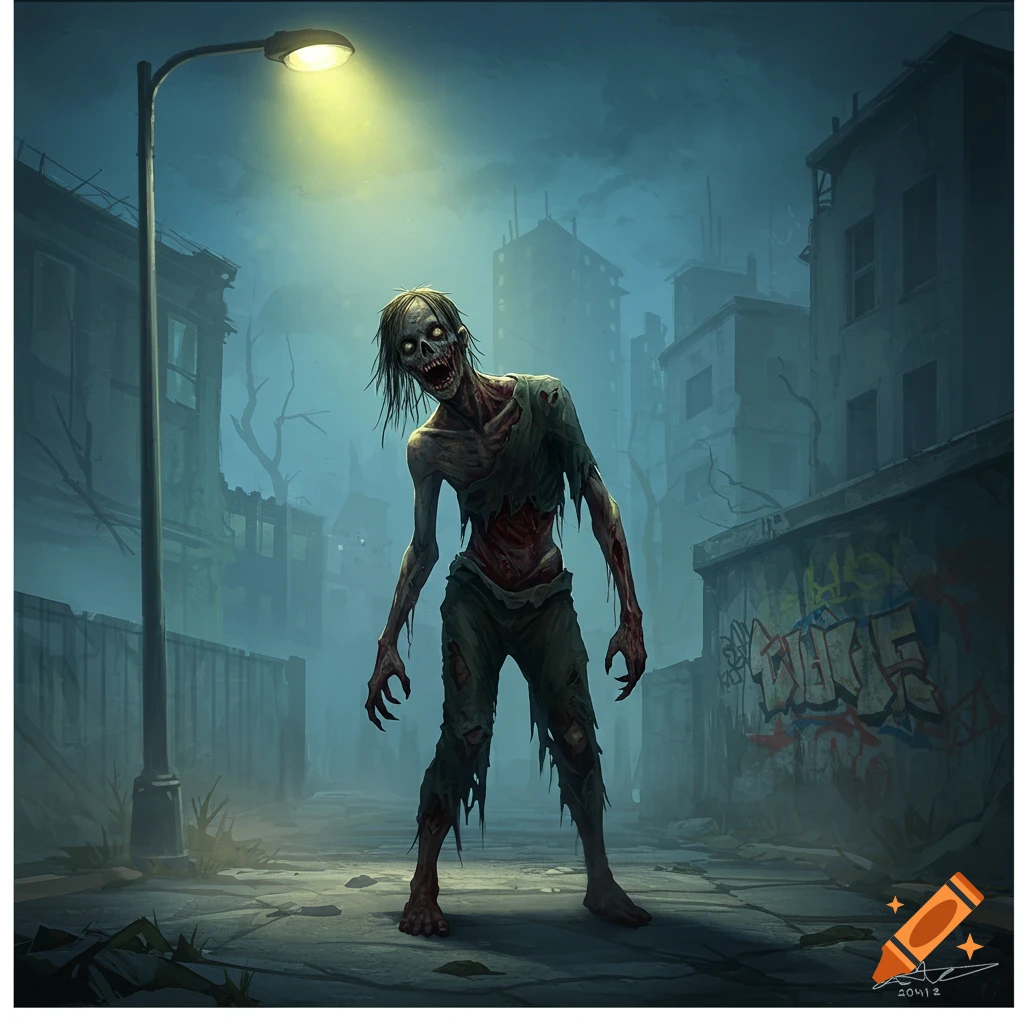 A terrifying, gaunt zombie with tattered clothes stands under a street lamp in a desolate, foggy city street. Digital art.