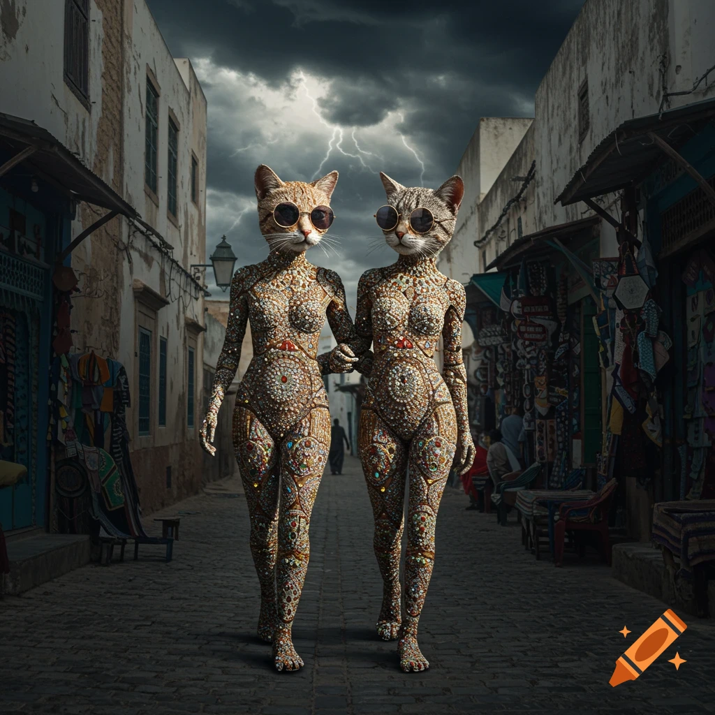 Two jewel-encrusted humanoid cats with sunglasses walk down a narrow Essaouira street under a stormy, lightning-filled sky.