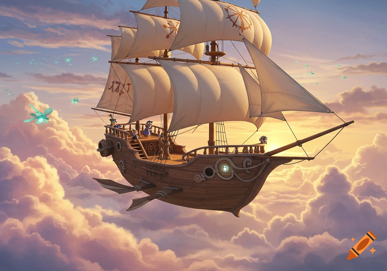 A detailed wooden airship with white sails flies through a warm, cloudy sunset sky, accompanied by small glowing aircraft.