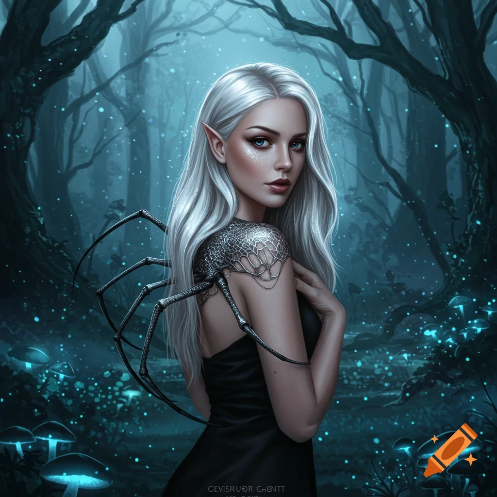An elven woman with long white hair and spider-like limbs on her back stands in a glowing dark forest, digital art.