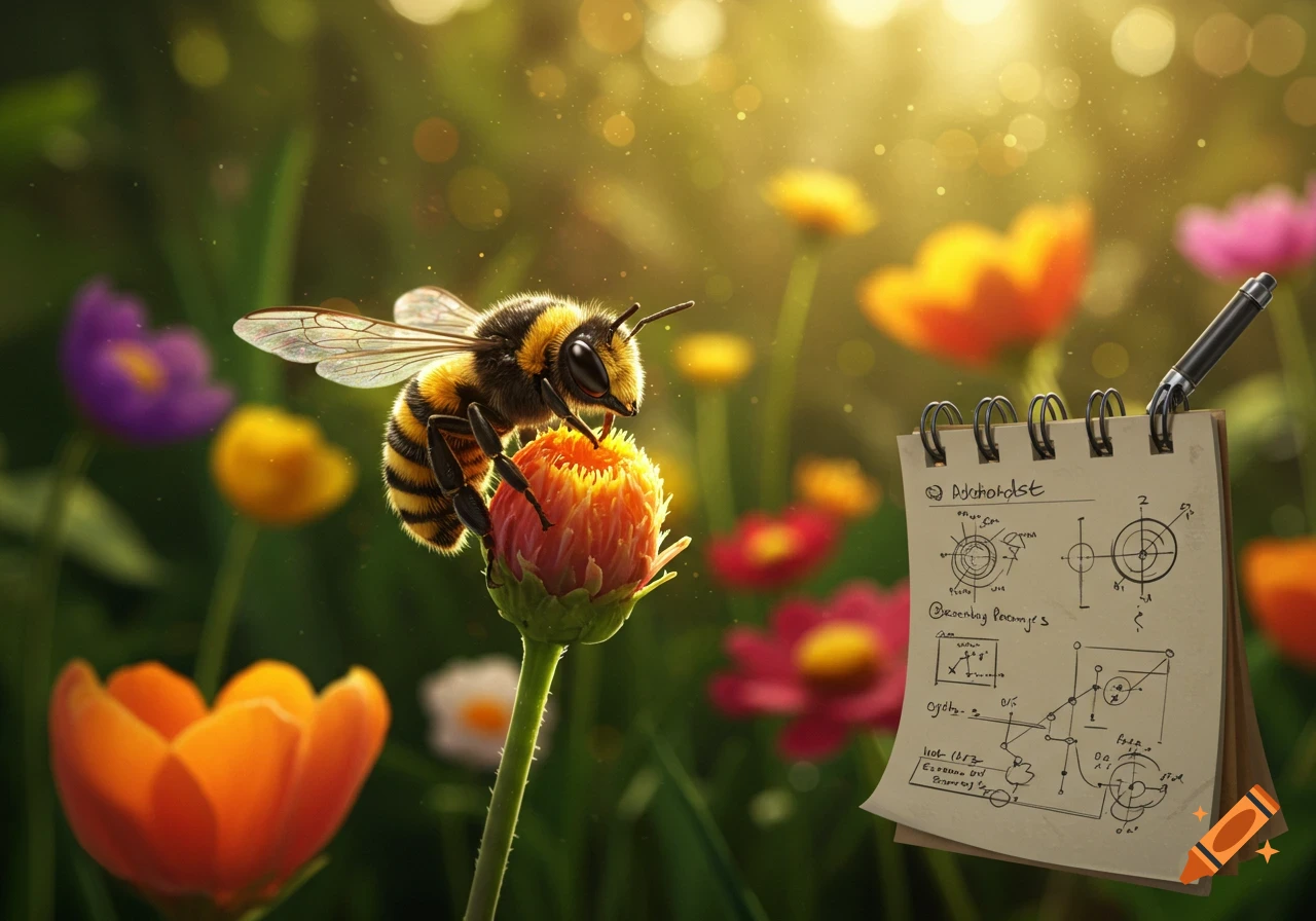 Photorealistic bee on an orange flower in a sunny garden, with a floating spiral notebook and pen displaying scientific diagrams.