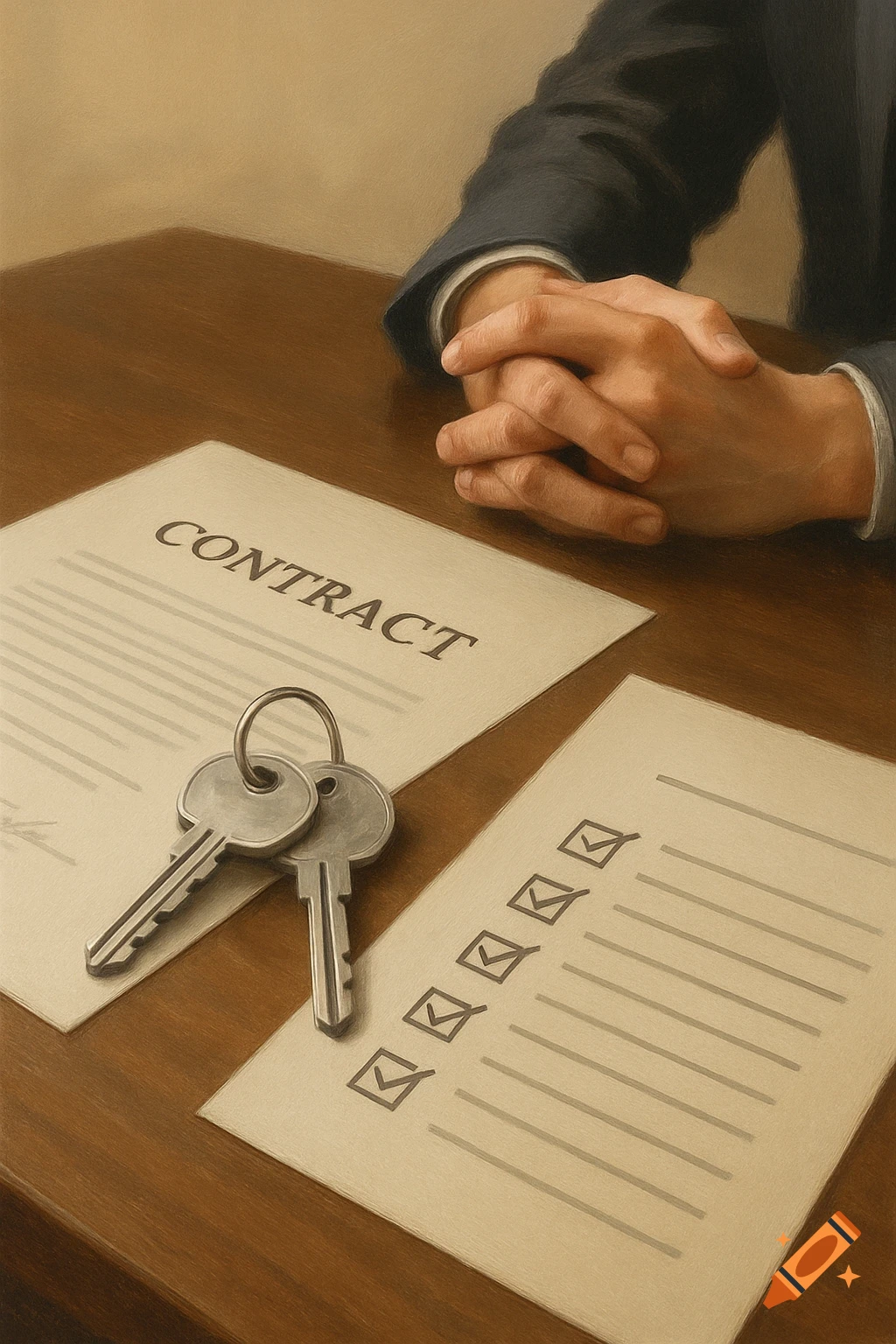 Painterly image of house keys on a contract next to a checklist, with hands resting on a table in an office setting.