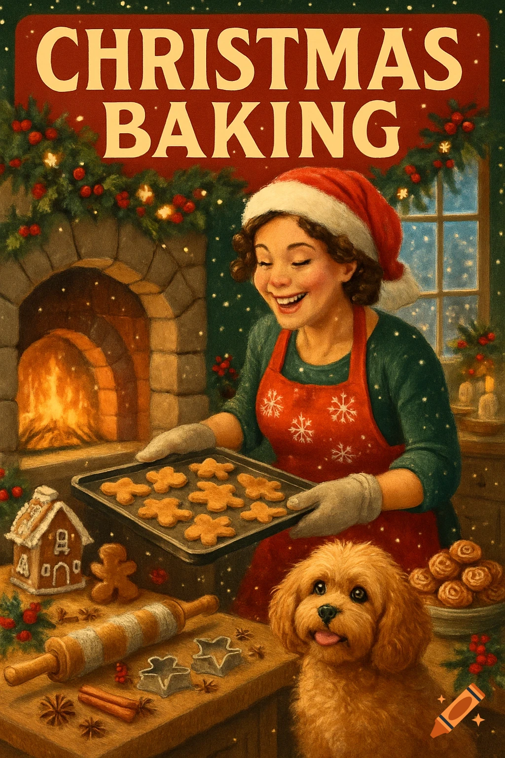 A woman in a Santa hat and apron bakes gingerbread cookies by a cozy oven, with her dog looking up from the counter. Christmas decorations fill the scene.