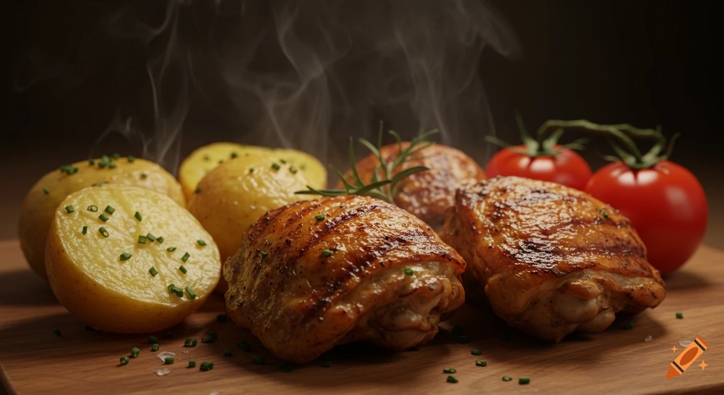 Close-up of hot grilled chicken thighs, baked potatoes with chives, and tomatoes on a wooden board, with steam rising.