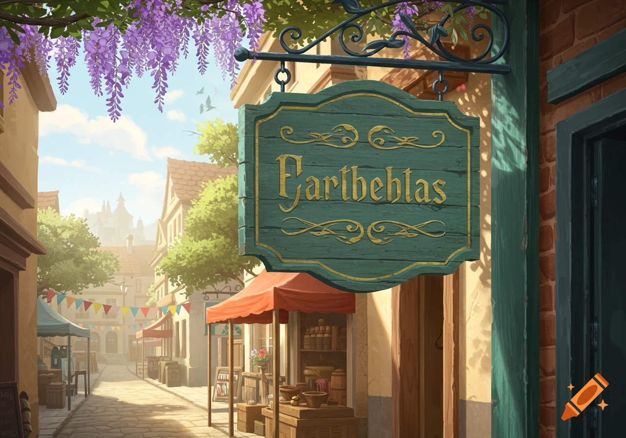 A colorful, stylized illustration of a charming village street with a prominent shop sign, market stalls, and purple wisteria.
