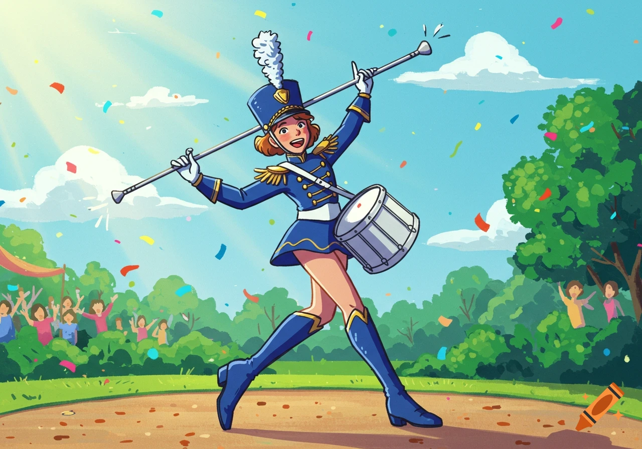 Cartoon drum majorette in a blue uniform, smiling and twirling a baton, with a drum, in a cheerful outdoor parade with confetti.