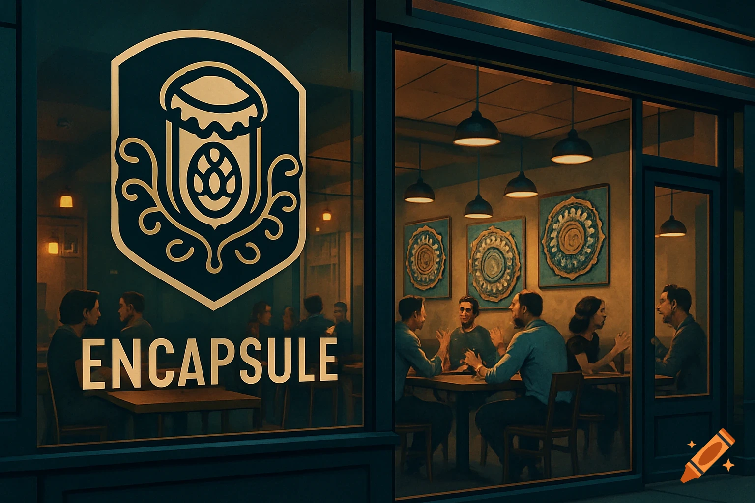 View of a cafe from outside with a 'ENCAPSULE' logo on the window. People are seated and talking inside under warm lighting.