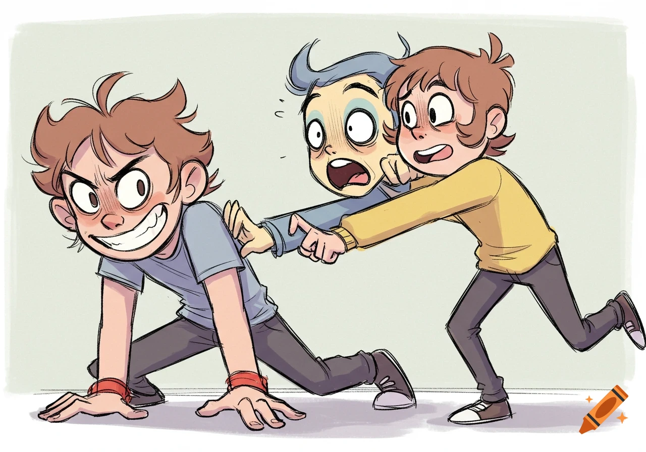 A cartoon drawing of three boys; one grins mischievously on all fours while two scared boys push him from behind.