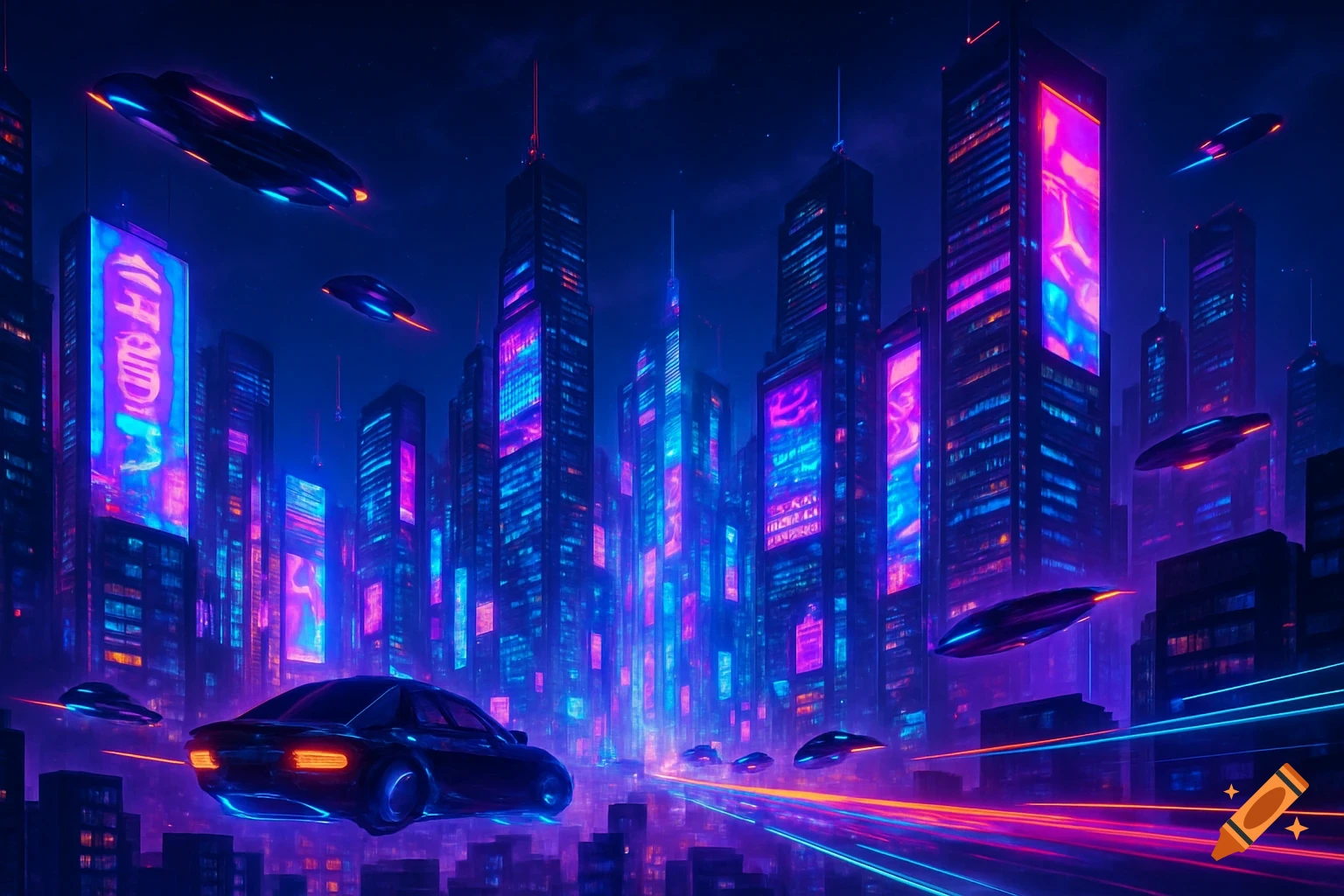 Futuristic cityscape at night with neon-lit skyscrapers, flying cars, and glowing streaks of light in blue and purple.