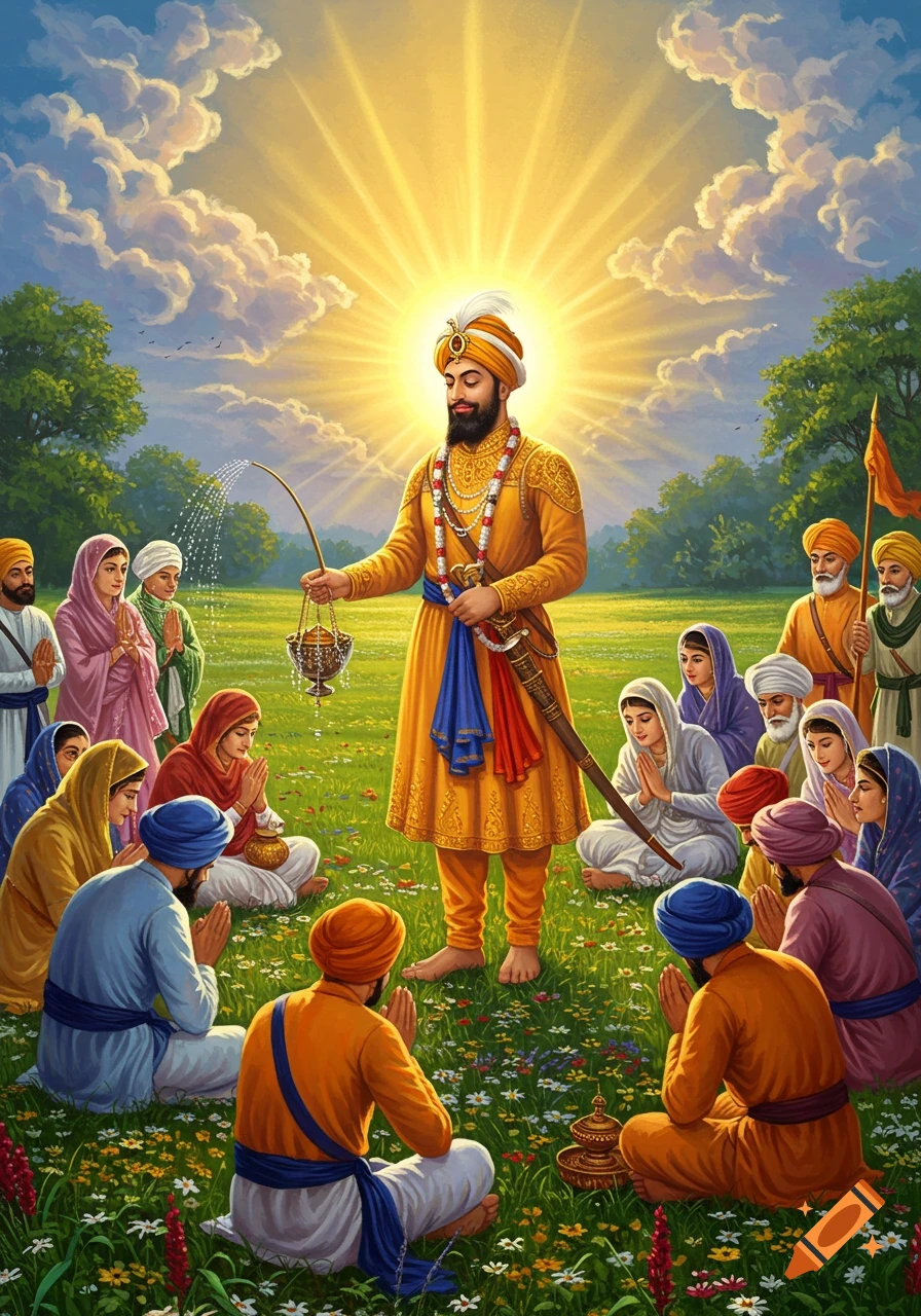 Illustrative painting of Guru Gobind Singh, radiating light, sprinkling holy water on kneeling devotees in a vibrant, sunlit field.