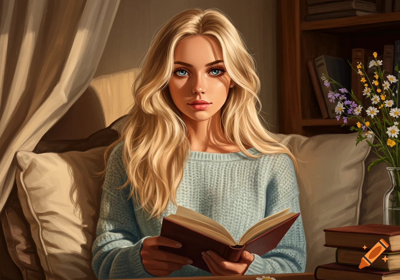 A digital painting of a woman with long blonde hair and blue eyes reading a book in a cozy room.