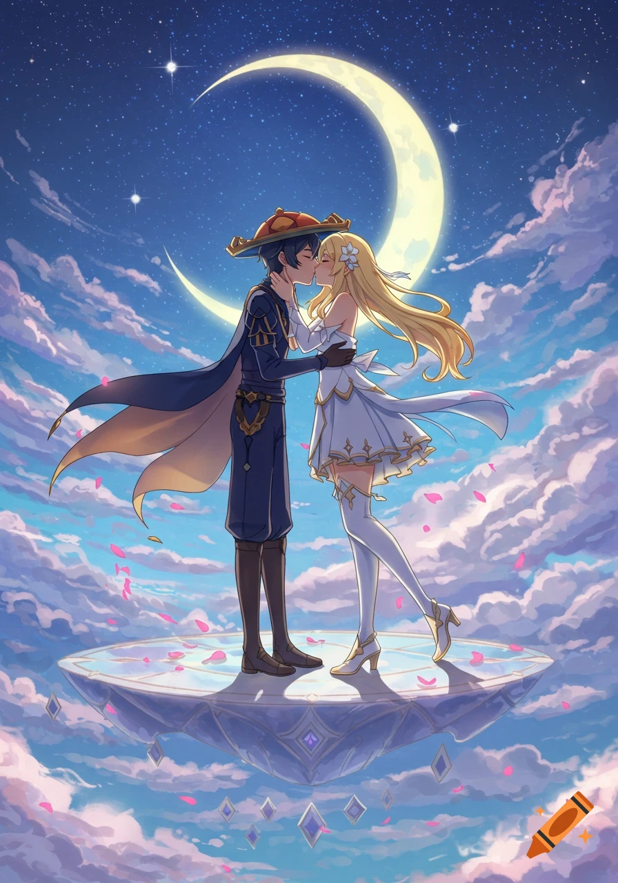 Scaramouche and Lumine from Genshin Impact share a romantic kiss on a floating platform under a crescent moon in a dreamy night sky.
