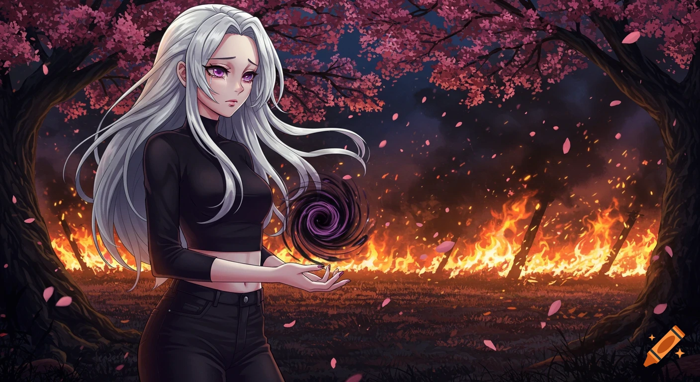 Anime girl with white hair and pink eyes holds a black vortex, looking sad, in a cherry blossom forest with raging fires at night.