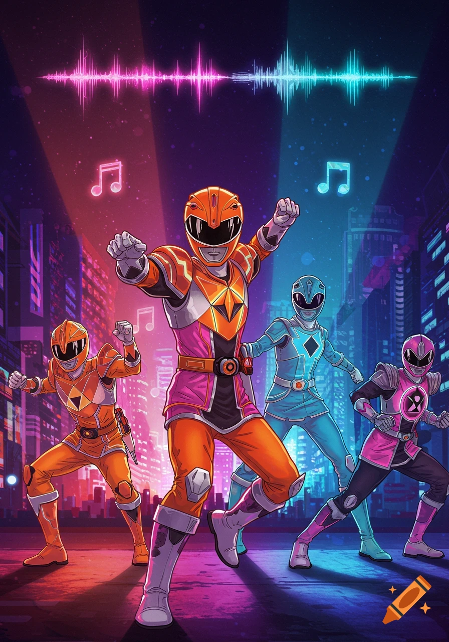 Four vibrant Power Rangers-like characters in a neon cityscape with sound waves and music notes, in a comic art style.