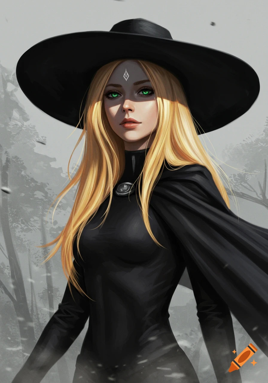 A digitally painted blonde woman with green eyes, a black hat and cape, and a forehead symbol, in a gray landscape.