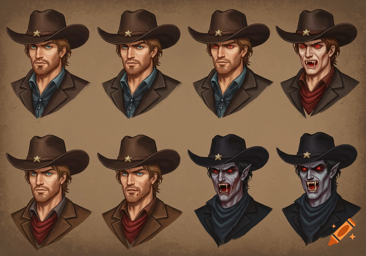 Eight busts of a cowboy man in various stages of transforming into a vampire, from human to pale, grey-skinned with red eyes and sharp fangs.