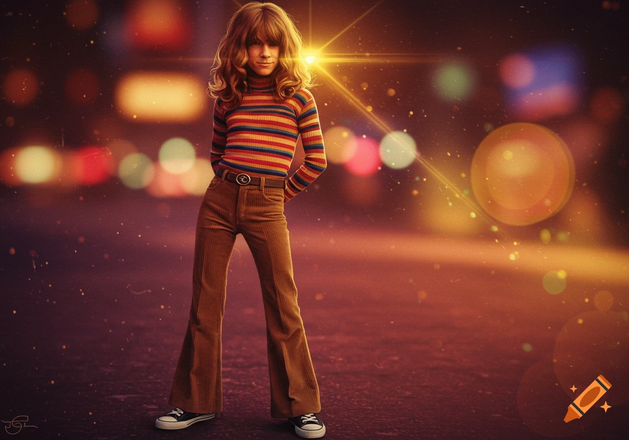 A young person with long curly hair wears a striped turtleneck and corduroy bell bottoms, standing with hands behind their back in a retro style against a blurred bokeh city lights background. Photorealistic style.