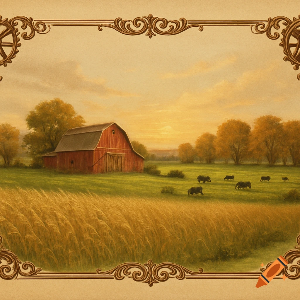 A painterly rural landscape featuring a red barn, fields of wheat, grazing cows, and trees under a warm sunset sky, all enclosed in an ornate frame.