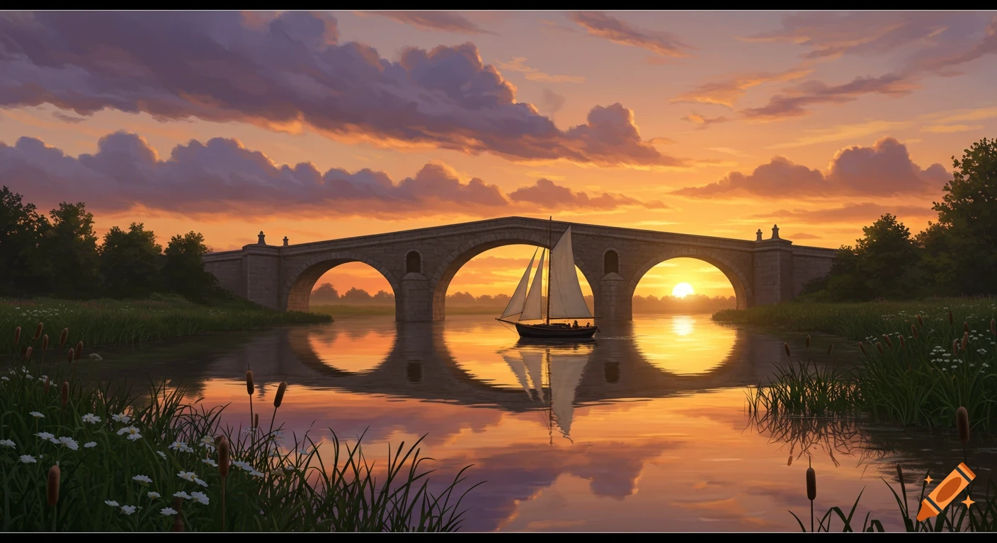 A serene landscape painting depicts a sailboat on a calm river beneath a stone bridge during a vibrant sunset.