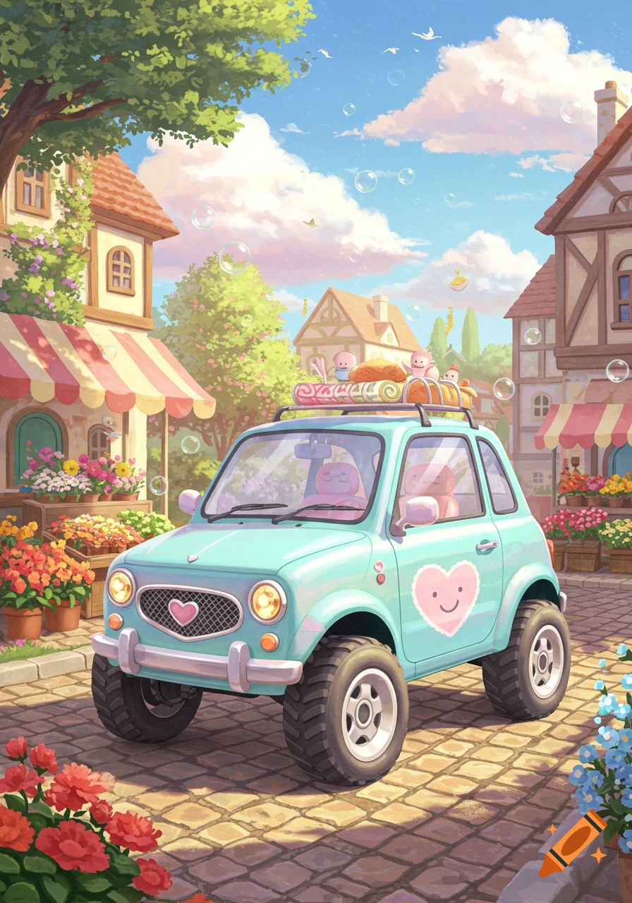 A cute light blue cartoon car with big tires and heart designs parked on a cobblestone street in a whimsical village.