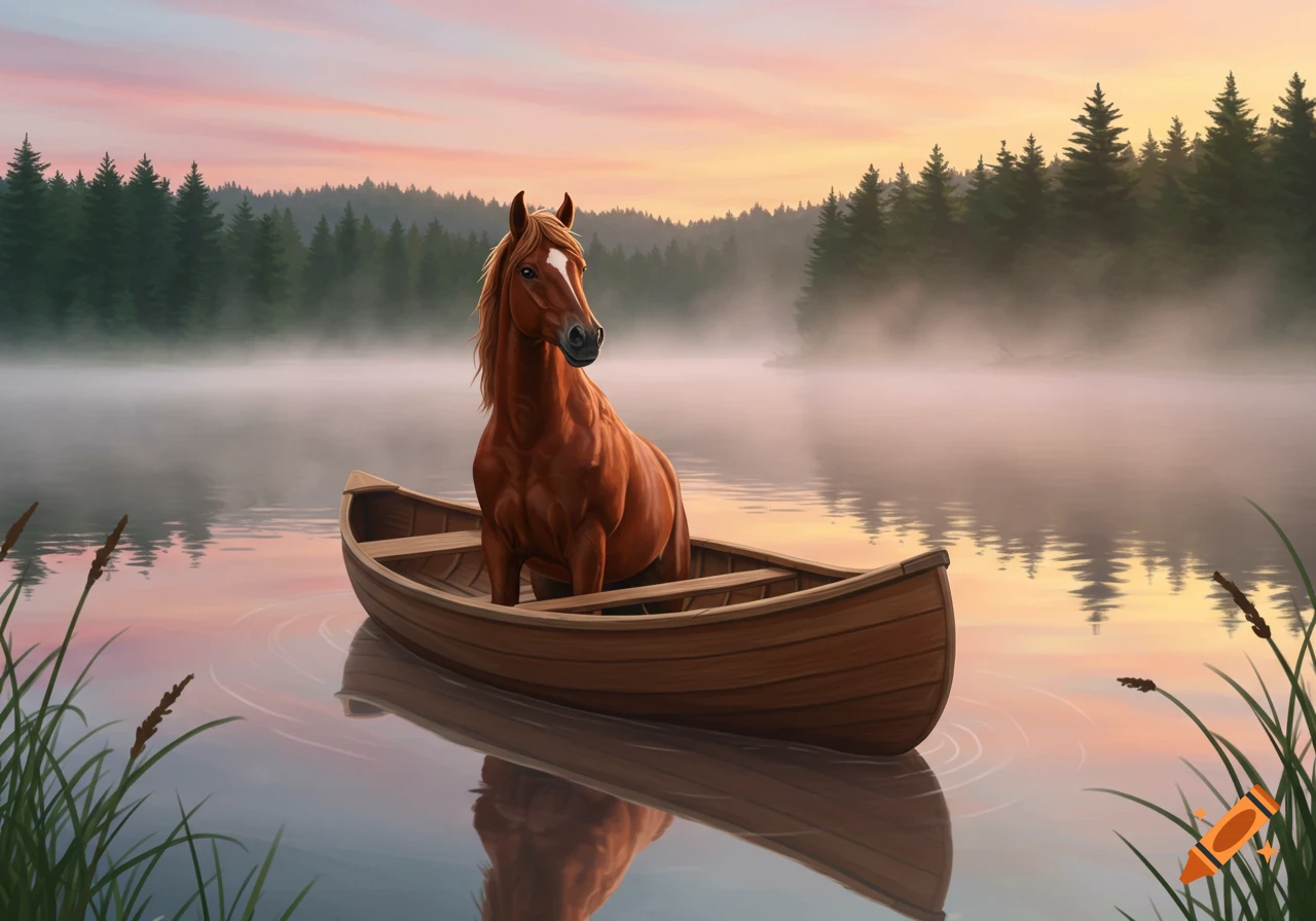 A brown horse sits upright in a wooden canoe on a misty lake at sunrise, surrounded by pine trees.