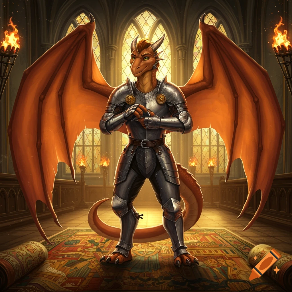 An anthropomorphic orange dragon in knight's armor stands with hands clasped in a grand hall with arched windows, torches, and an ornate rug.