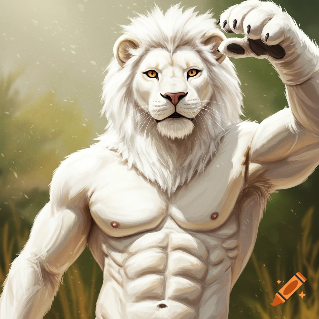 A muscular, white-furred anthropomorphic lion with golden eyes and a ripped torso, flexing one paw in a lush green jungle.