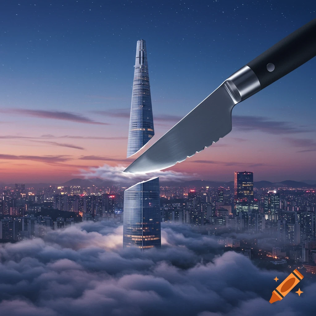 A large knife appears to slice a towering skyscraper in half, rising above a cloud-covered city at sunset.
