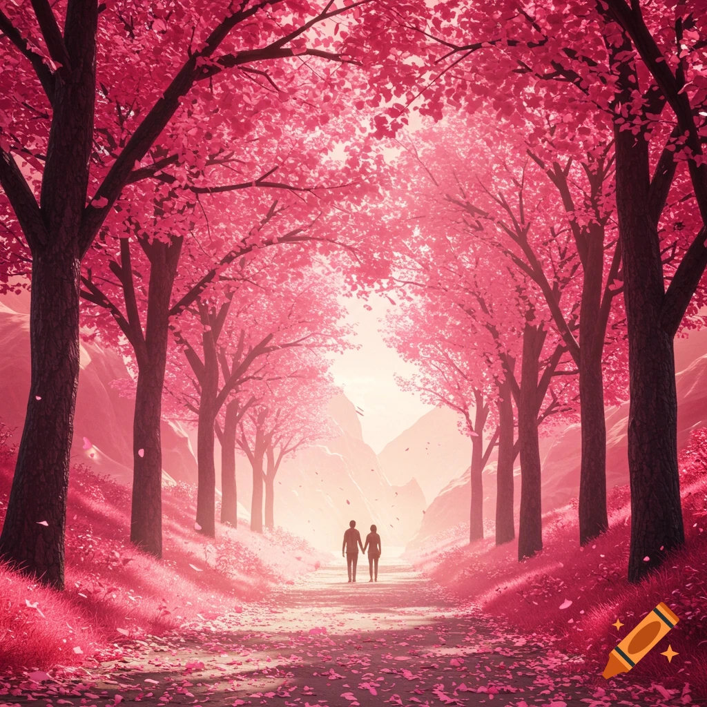 A couple walks hand-in-hand down a path flanked by vibrant pink trees and petals in a dreamlike mountain landscape.