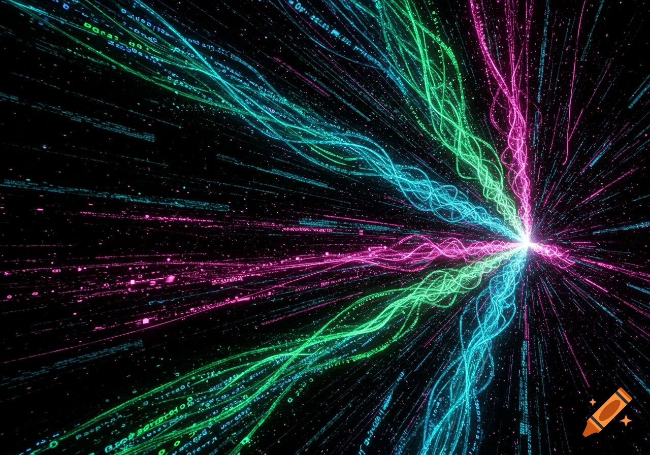 Neon pink, green, and blue light streams with binary code effects converge on a bright white point against a dark background, depicting data flow.