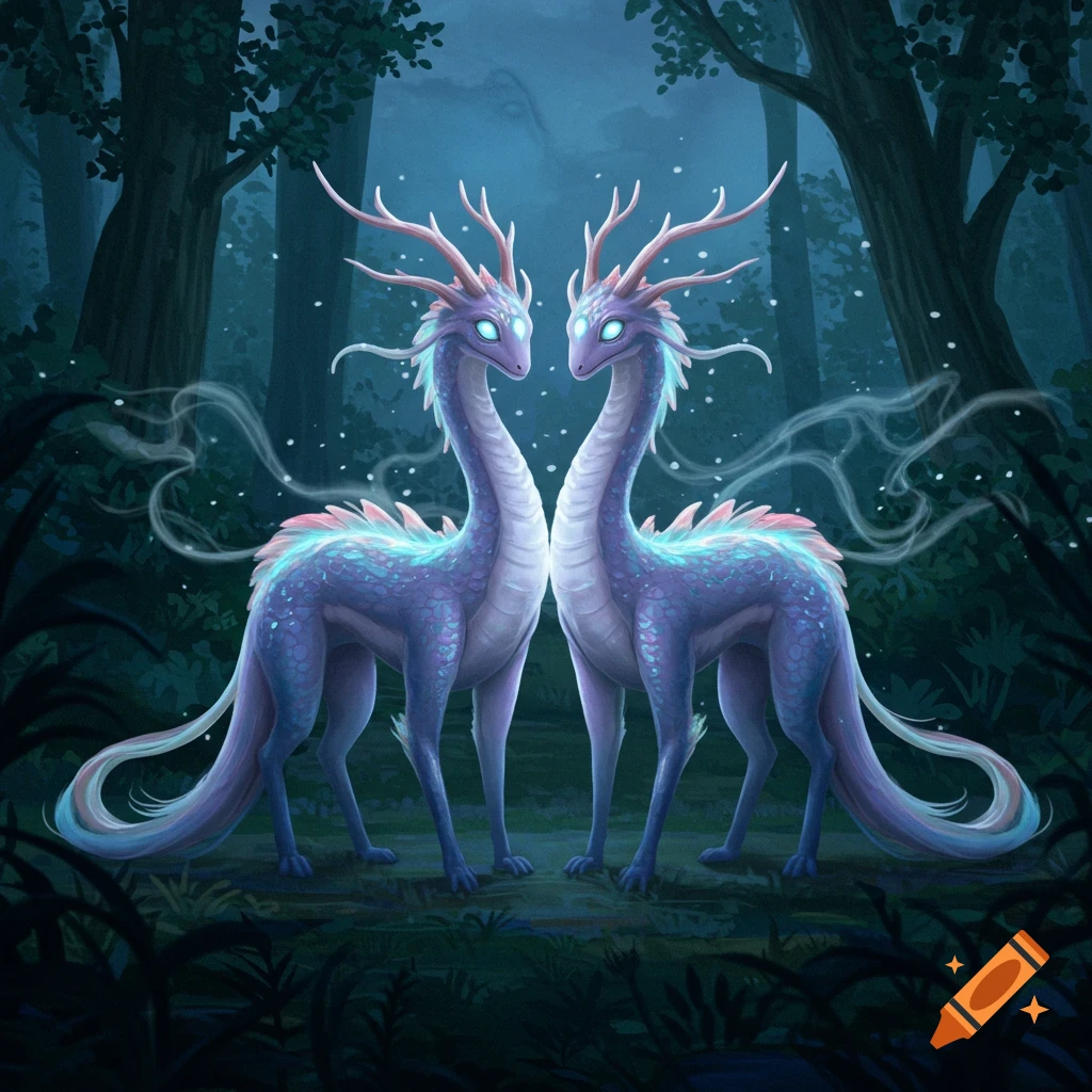 Two glowing blue and purple deer-like mythical creatures with antlers stand facing each other in a dark, magical forest.