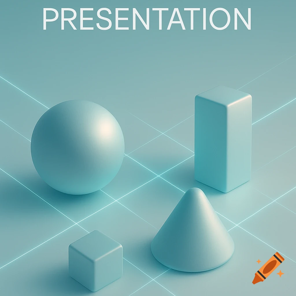 Minimalist futuristic presentation slide with blue 3D geometric shapes (sphere, cube, cone, prism) on glowing grid, text 'PRESENTATION'.